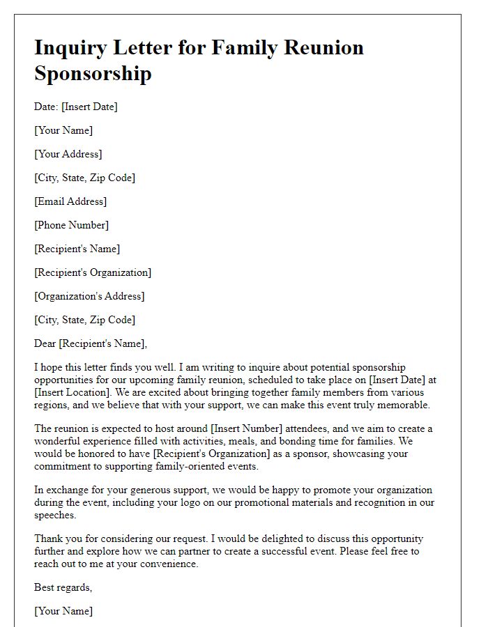 Letter template of inquiry for family reunion sponsorship.