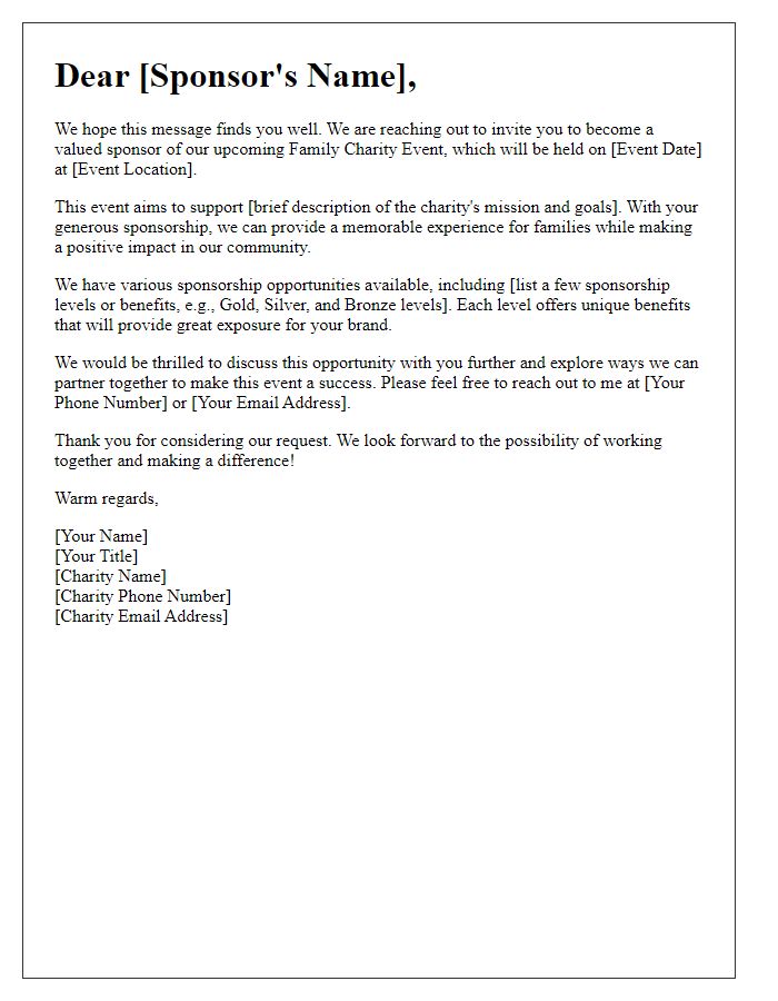 Letter template of outreach for sponsorship in family charity event.