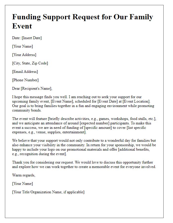 Letter template of pitch for family event funding support.