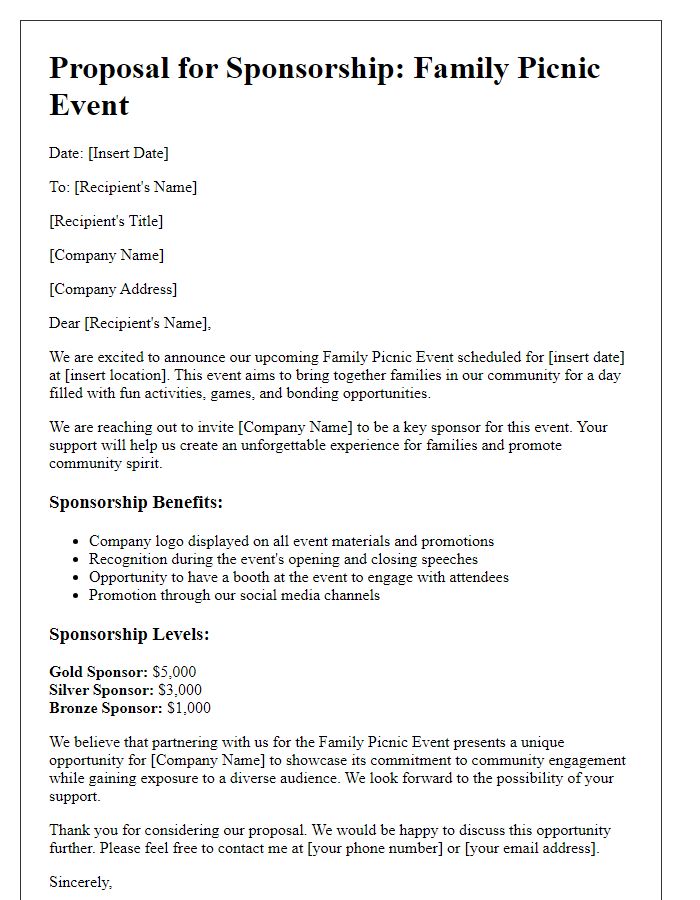 Letter template of proposal for family picnic event sponsorship.