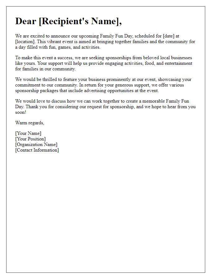 Letter template of sponsorship appeal for family fun day.