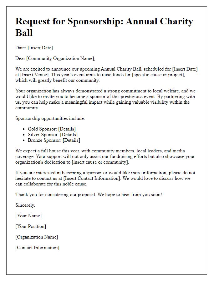 Letter template of charity ball sponsorship appeal for community organizations.