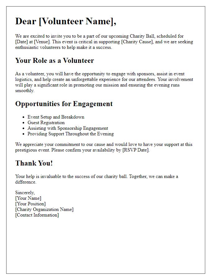 Letter template of charity ball sponsorship engagement for volunteers.