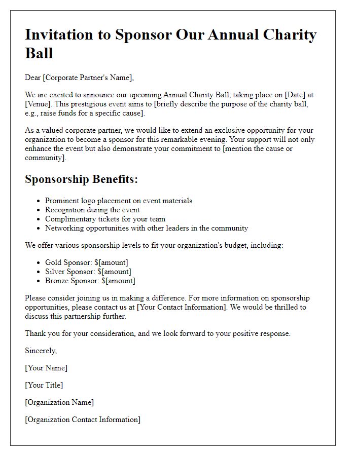 Letter template of charity ball sponsorship invitation for corporate partners.