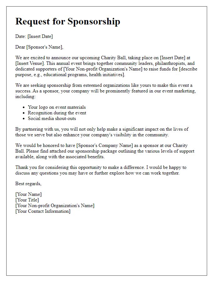 Letter template of charity ball sponsorship outreach for non-profit collaborations.