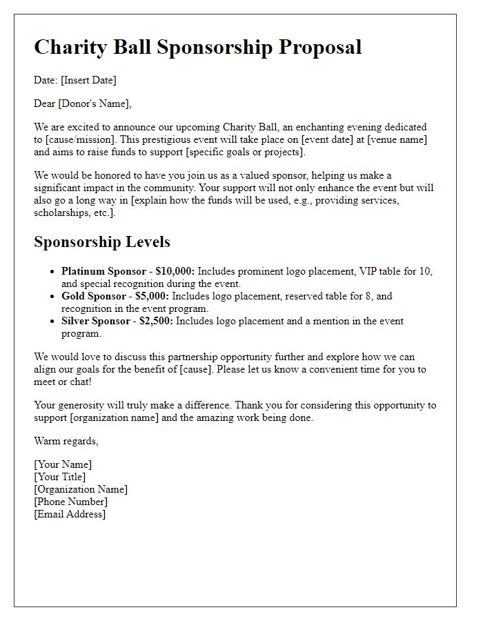 Letter template of charity ball sponsorship proposal for individual donors.