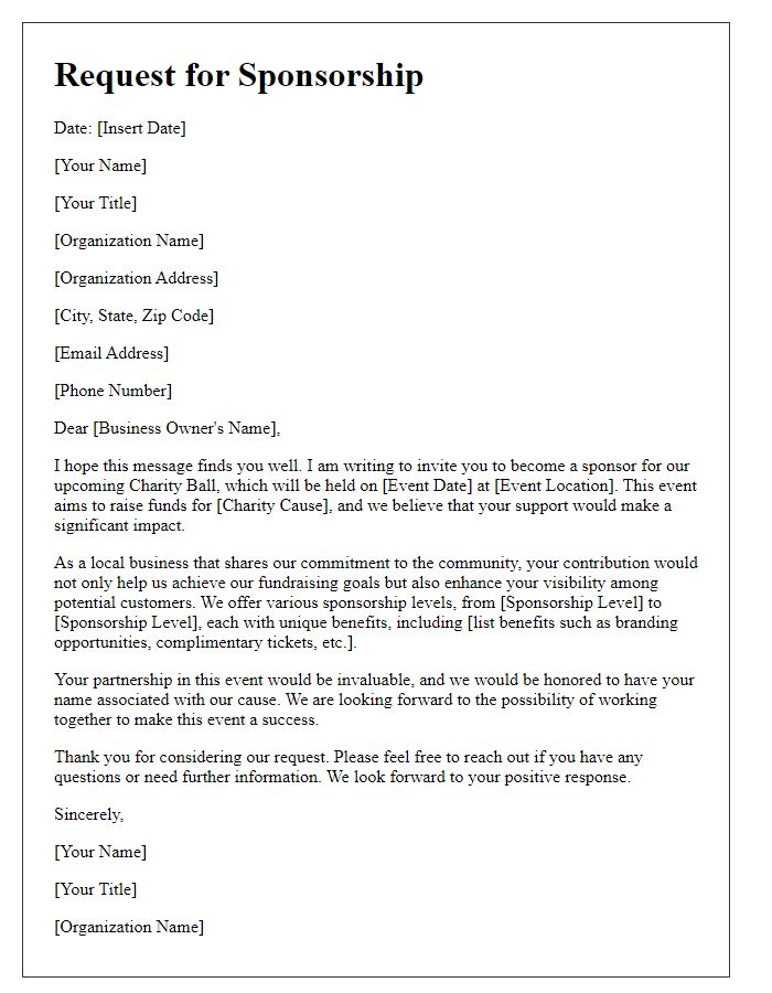 Letter template of charity ball sponsorship request for local businesses.