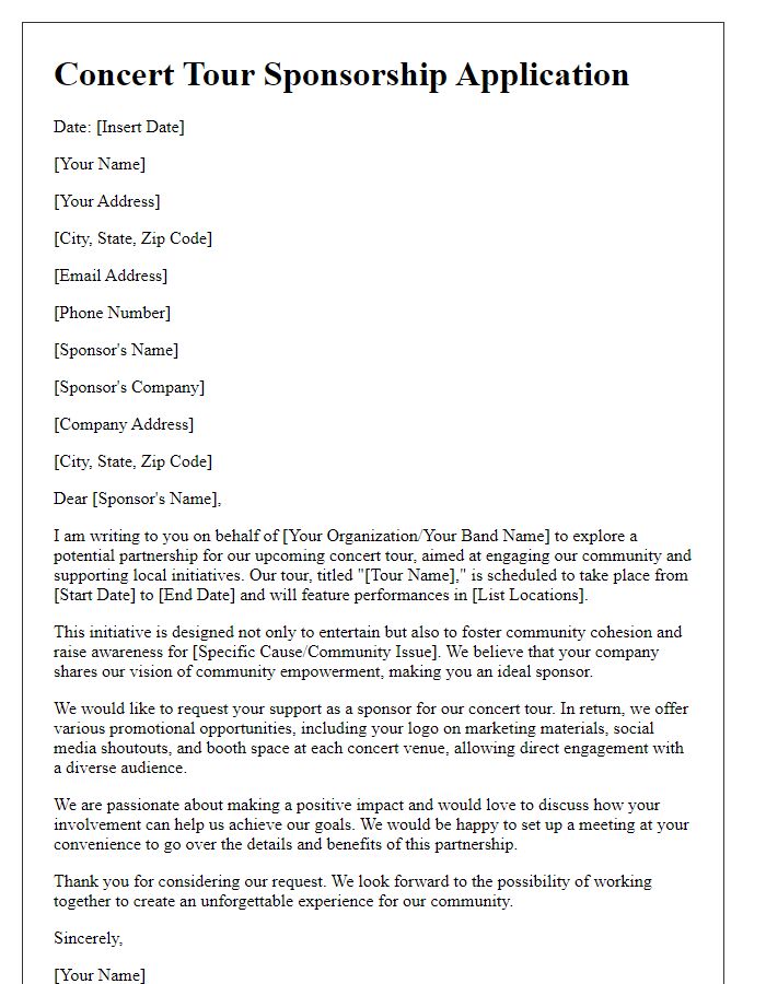 Letter template of concert tour sponsorship application for community engagement