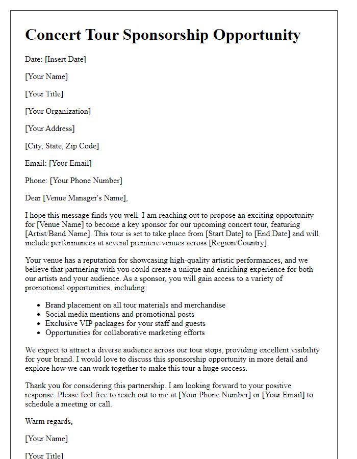 Letter template of concert tour sponsorship communication for music venues