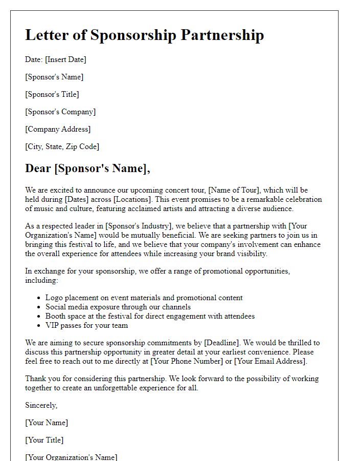 Letter template of concert tour sponsorship partnership for festival organizers