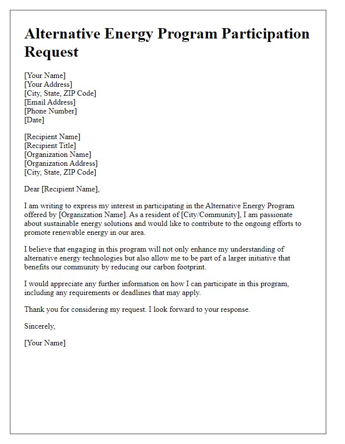 Letter template of alternative energy program participation request