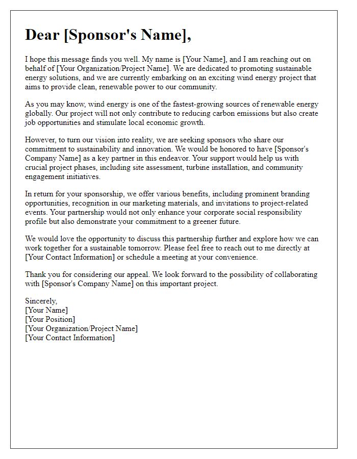 Letter template of wind energy project sponsorship appeal