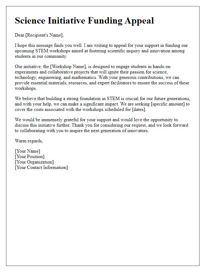 Letter template of Science Initiative Funding Appeal for STEM Workshops