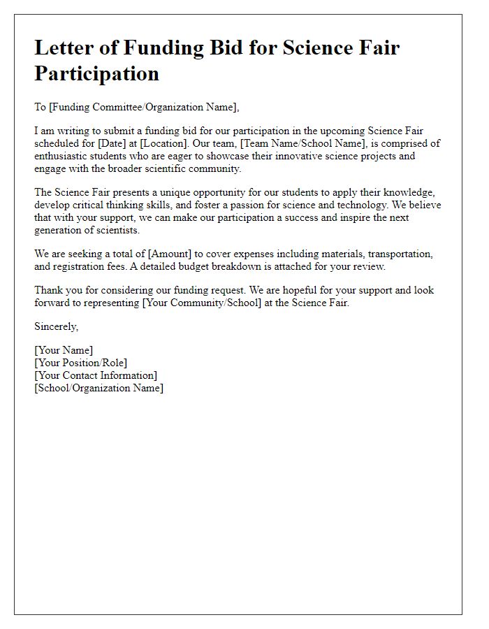 Letter template of Science Initiative Funding Bid for Science Fair Participation