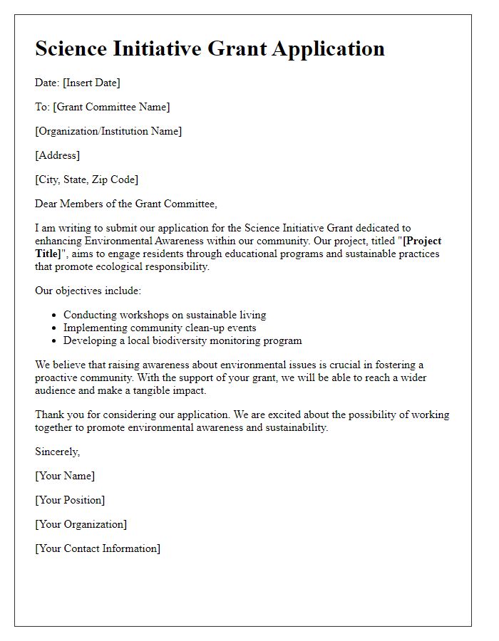 Letter template of Science Initiative Grant Application for Environmental Awareness