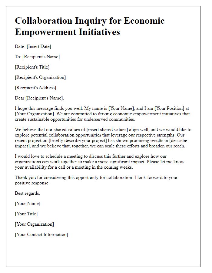 Letter template of collaboration inquiry for economic empowerment initiatives