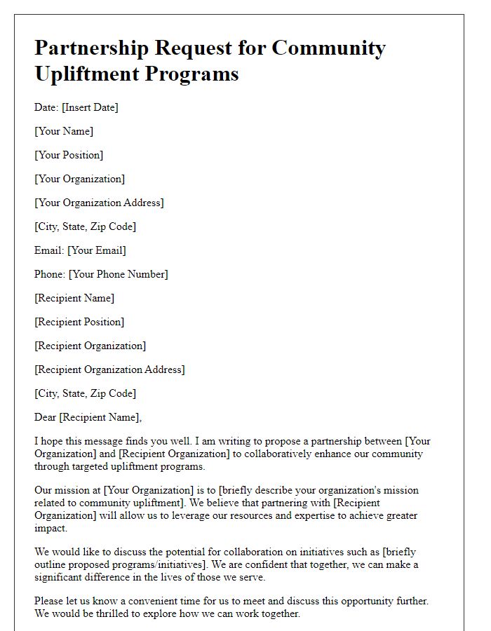 Letter template of partnership request for community upliftment programs