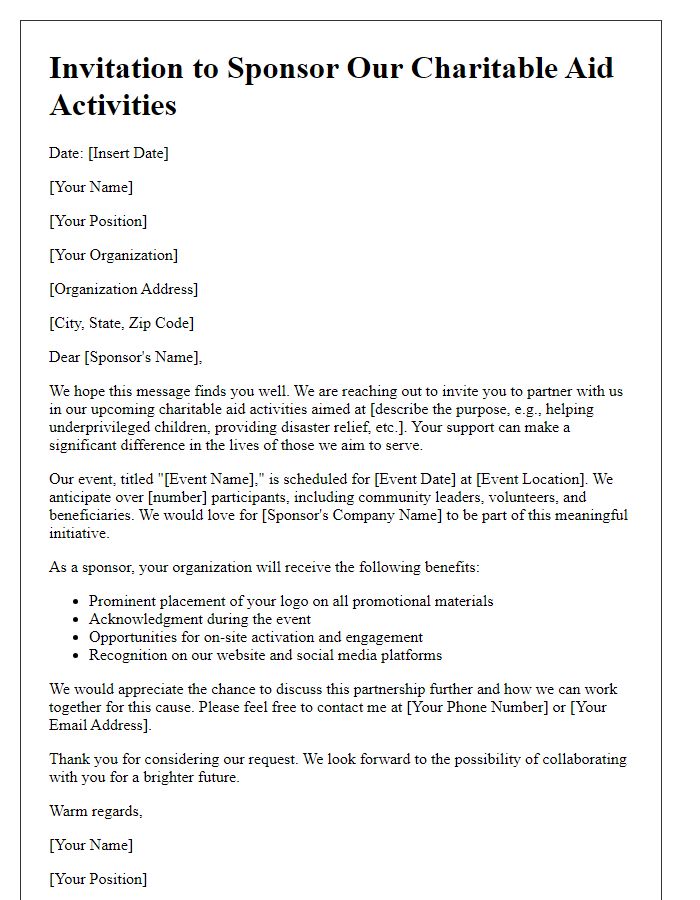 Letter template of sponsorship invitation for charitable aid activities