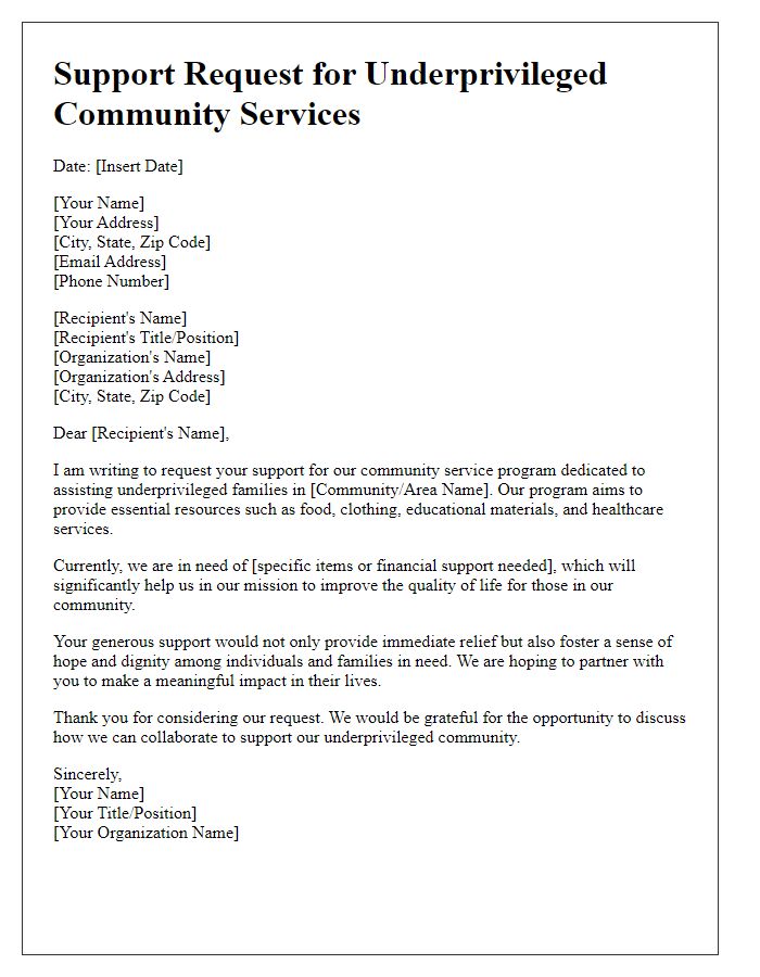 Letter template of support request for underprivileged community services