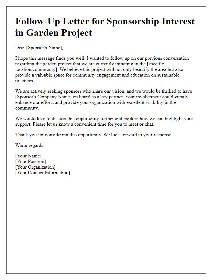 Letter template of follow-up for sponsorship interest in garden project.