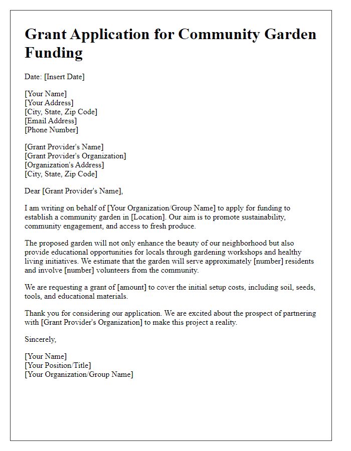 Letter template of grant application for community garden funding.