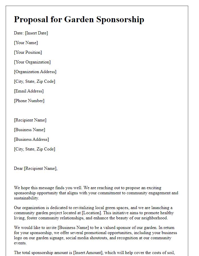 Letter template of proposal to local businesses for garden sponsorship.