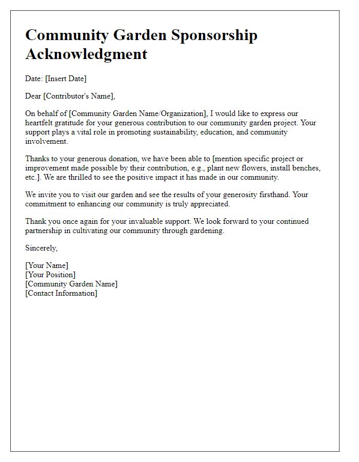 Letter template of sponsorship acknowledgment for community garden contributors.