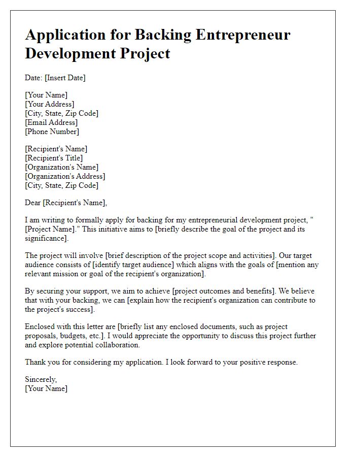 Letter template of application for backing entrepreneur development project