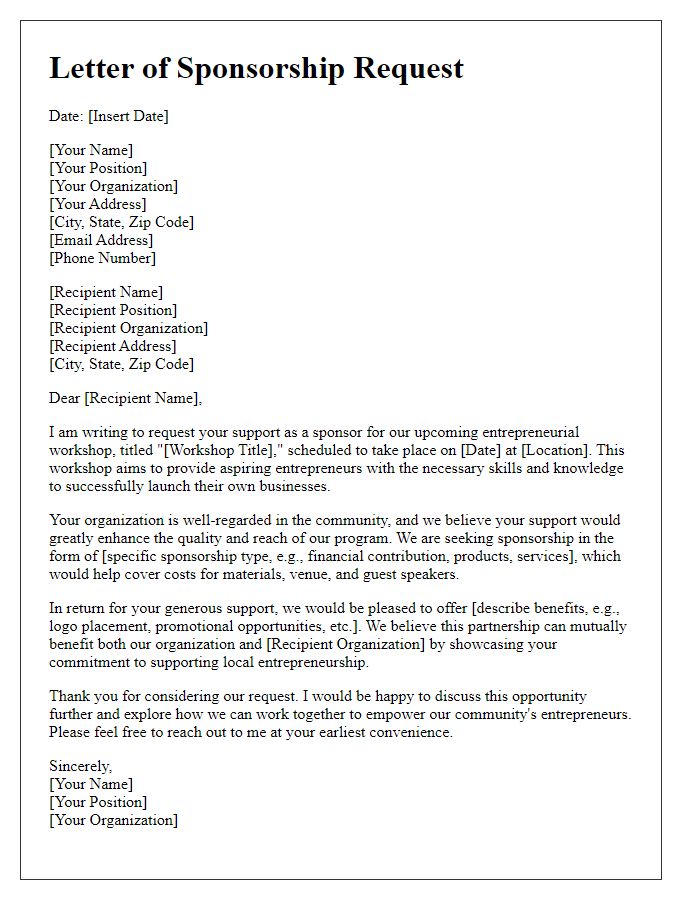 Letter template of formal request for sponsorship of entrepreneurial workshop