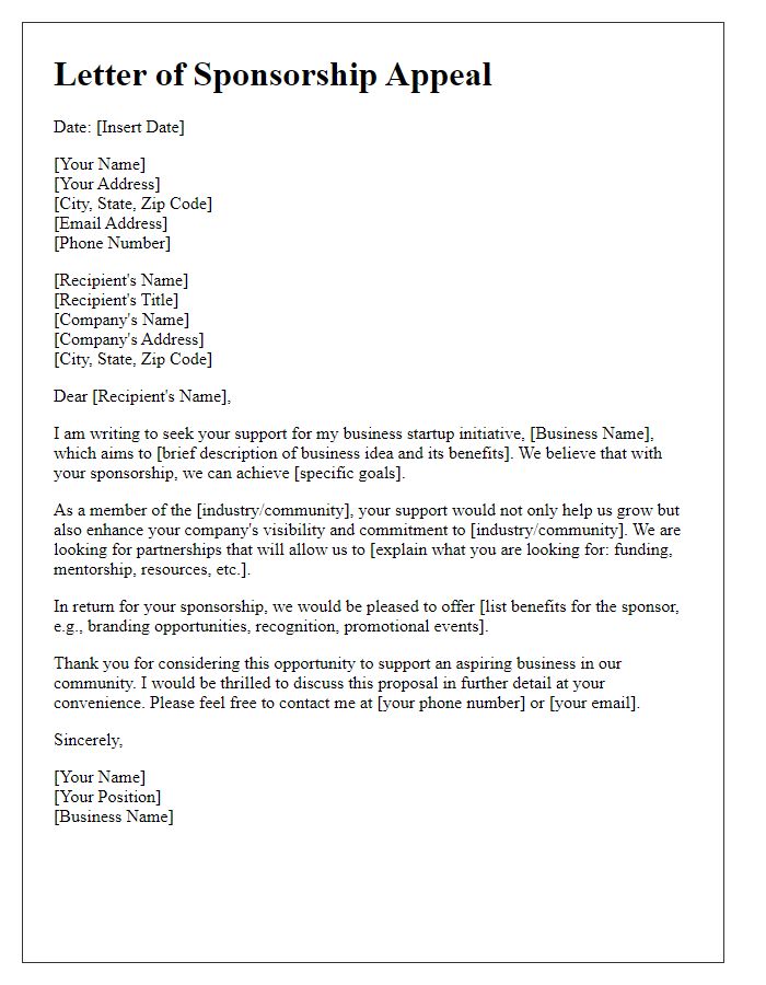 Letter template of sponsorship appeal for business startup initiative