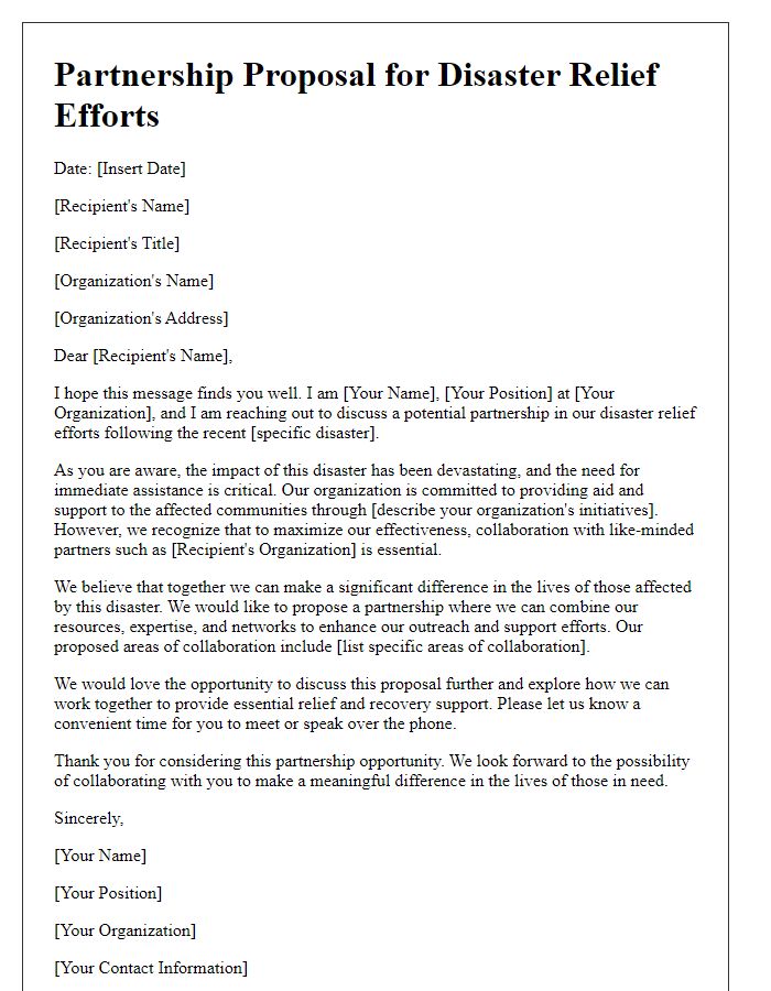 Letter template of appeal for partnership in disaster relief efforts