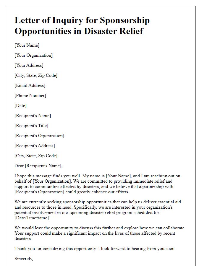 Letter template of inquiry for sponsorship opportunities in disaster relief