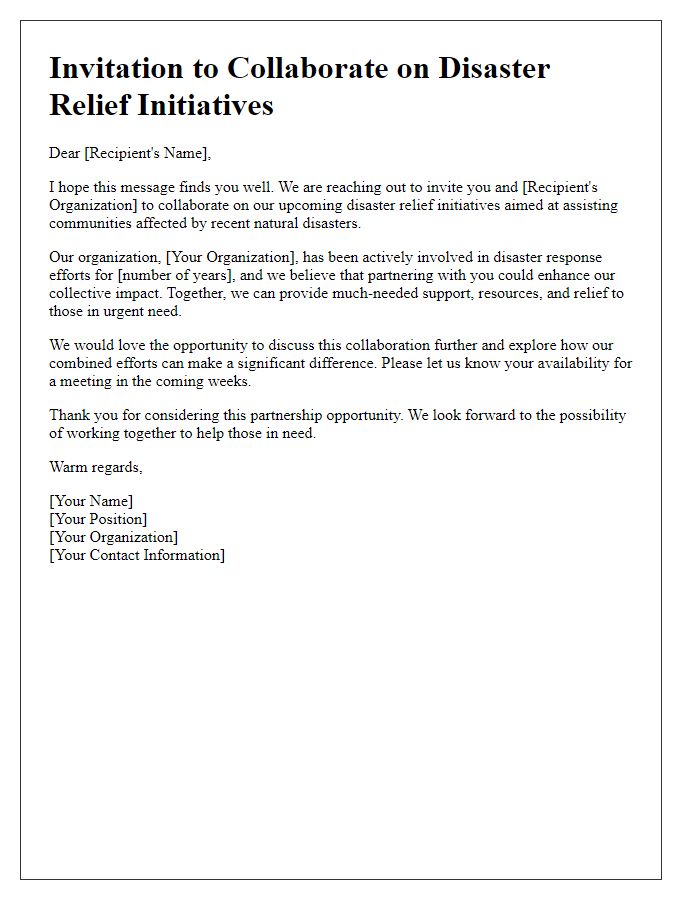 Letter template of invitation to collaborate on disaster relief initiatives