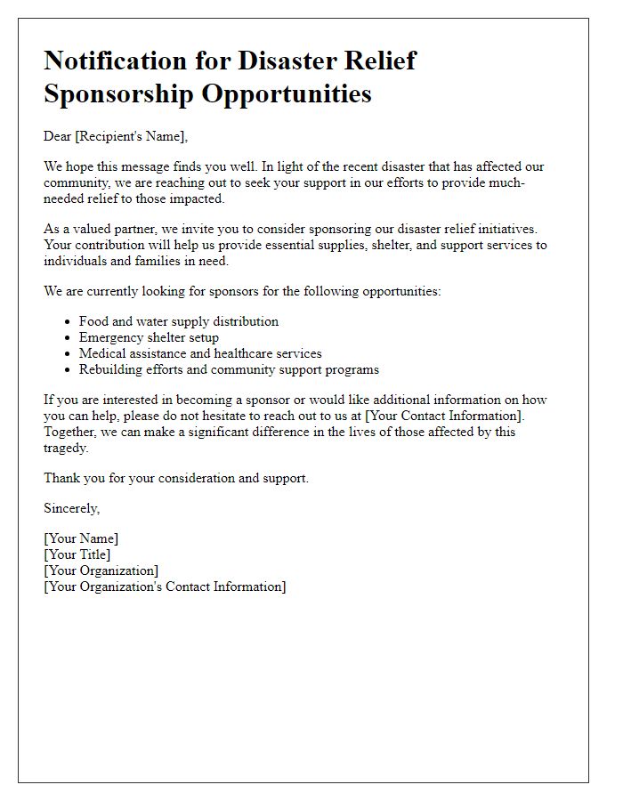 Letter template of notification for disaster relief sponsorship opportunities