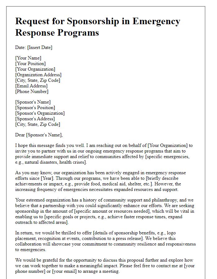 Letter template of outreach for sponsorship in emergency response programs