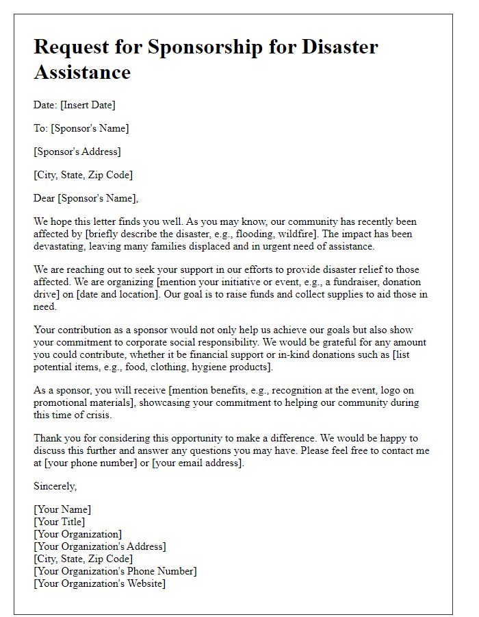 Letter template of solicitation for disaster assistance sponsorship