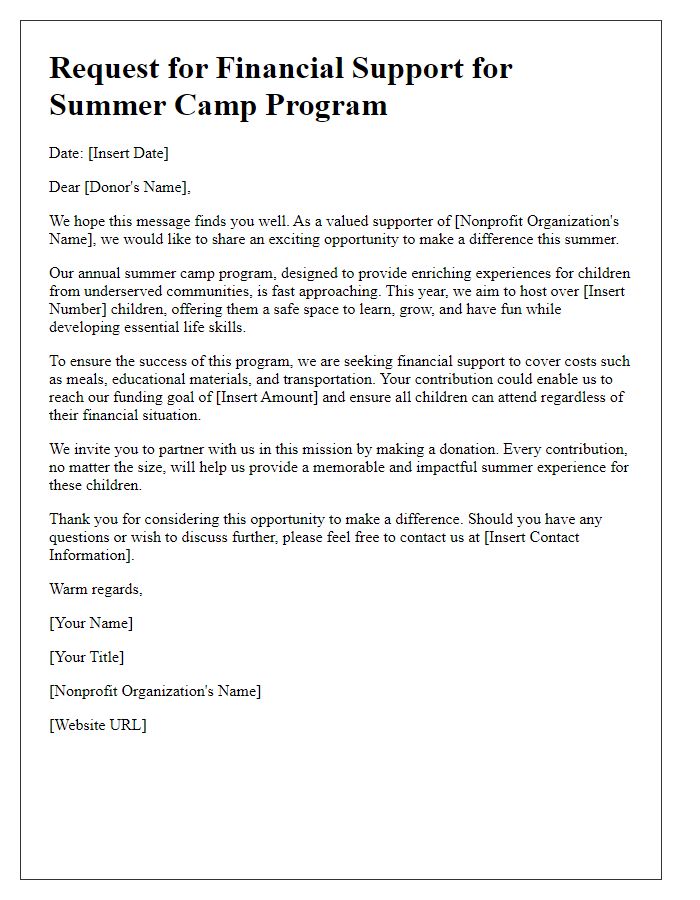 Letter template of summer camp financial support solicitation for nonprofits