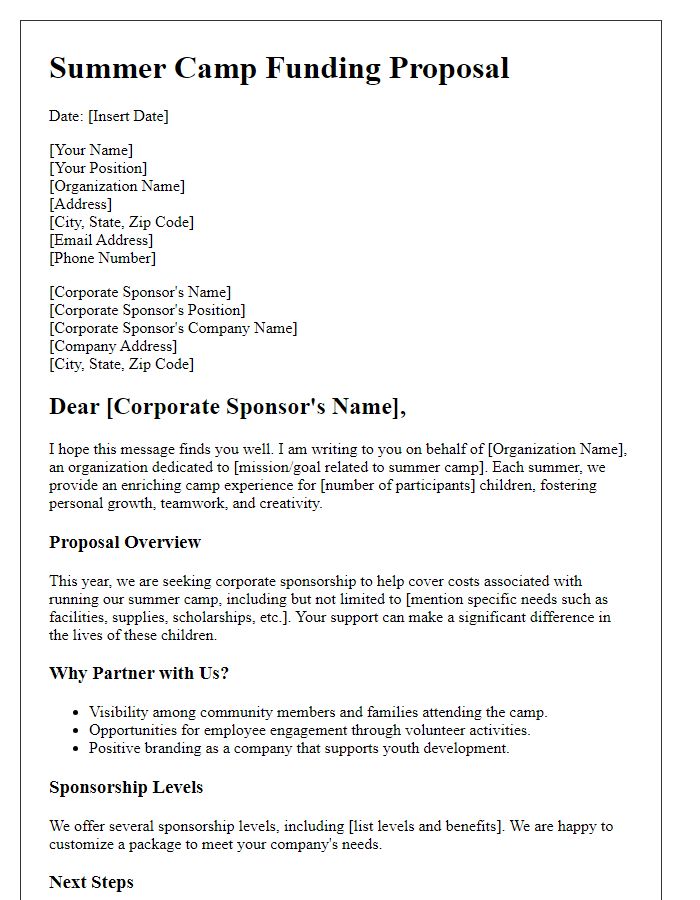 Letter template of summer camp funding proposal for corporate sponsors