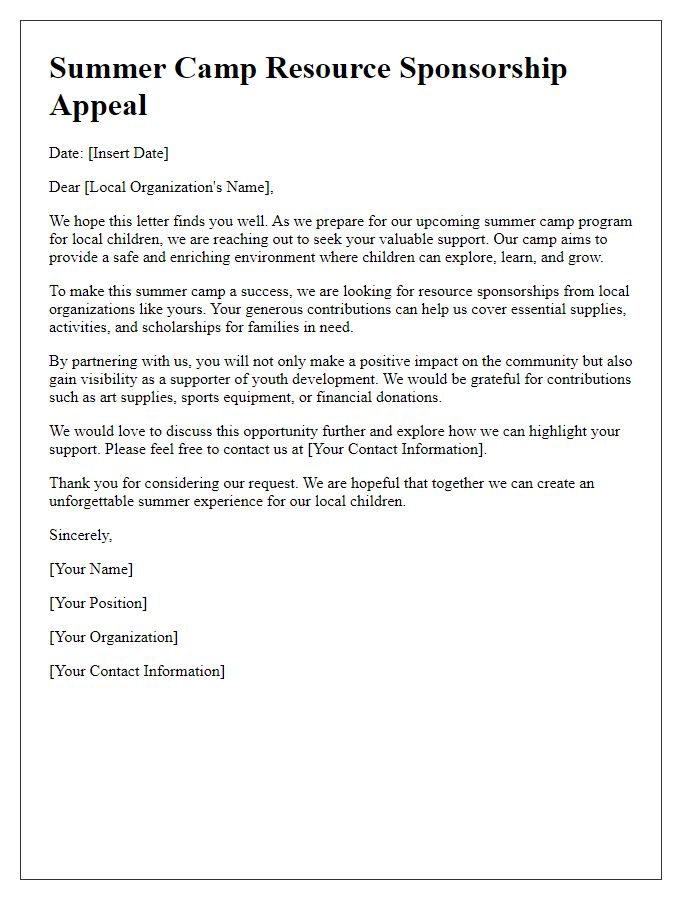 Letter template of summer camp resource sponsorship appeal for local organizations