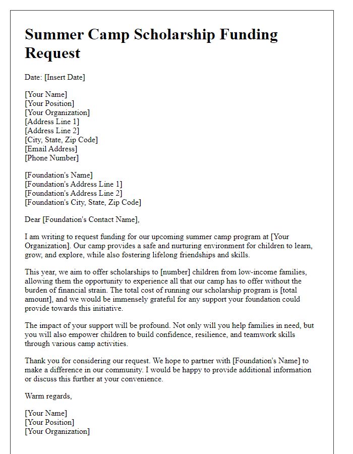 Letter template of summer camp scholarship funding request for foundations