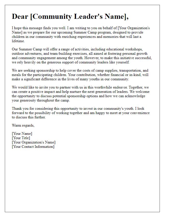 Letter template of summer camp sponsorship appeal to community leaders