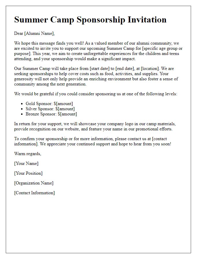 Letter template of summer camp sponsorship invitation for alumni