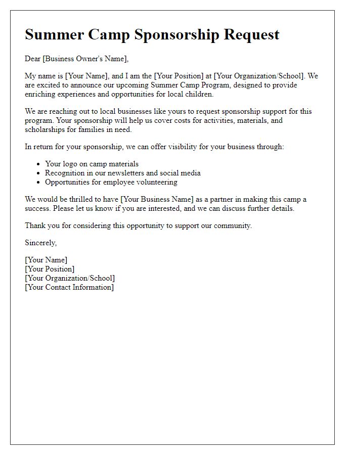 Letter template of summer camp sponsorship request for local businesses