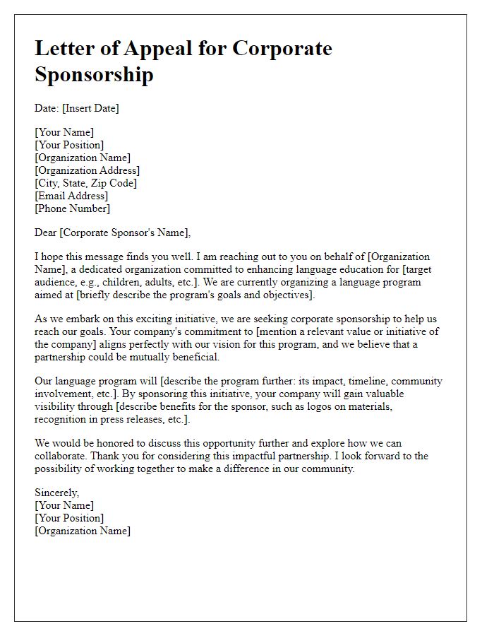 Letter template of appeal for corporate sponsorship in language program.