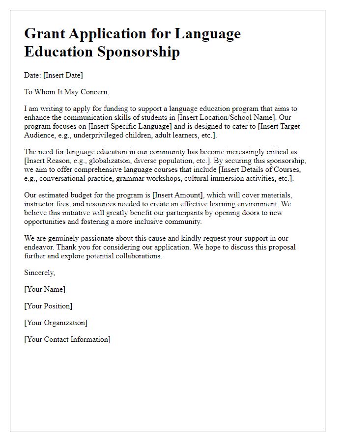 Letter template of grant application for language education sponsorship.