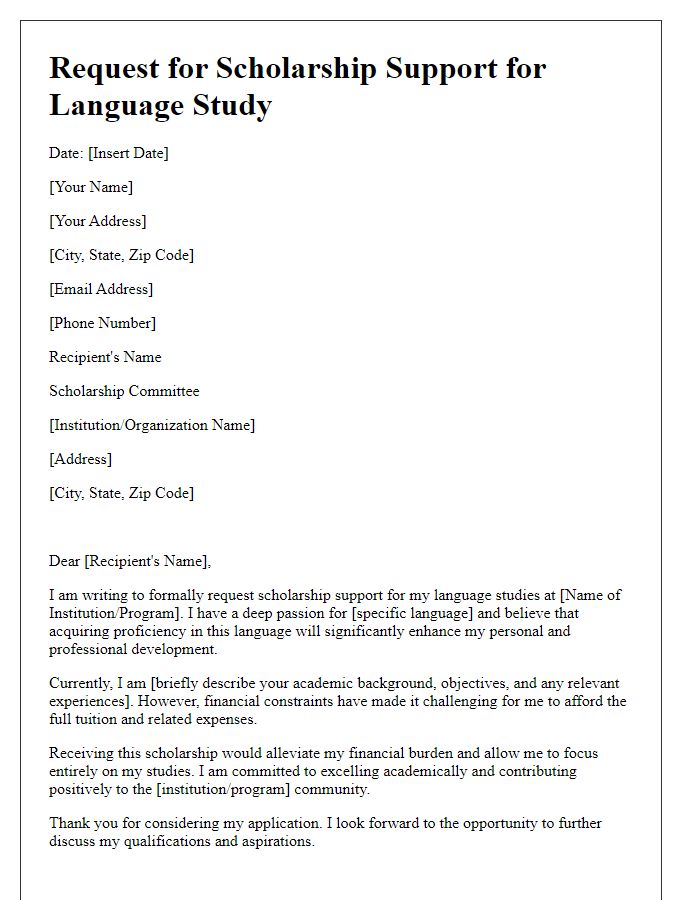 Letter template of request for scholarship support for language study.