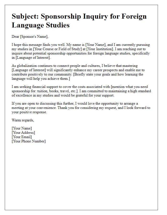 Letter template of sponsorship inquiry for foreign language studies.