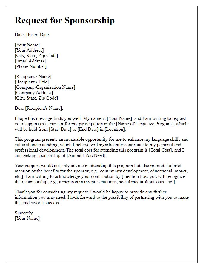 Letter template of sponsorship request for language program participation.