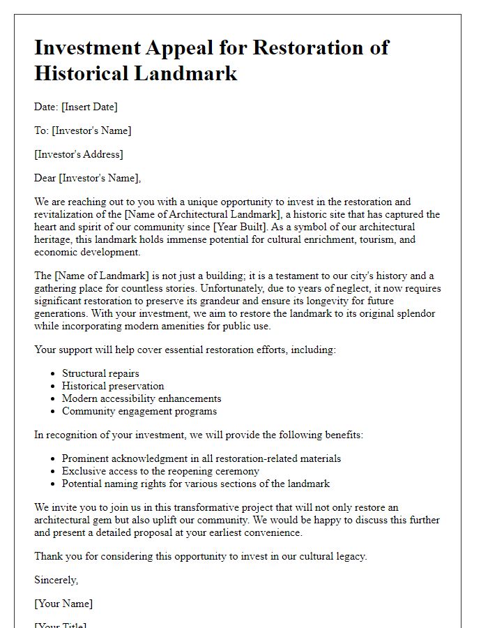 Letter template of architectural landmark investment appeal