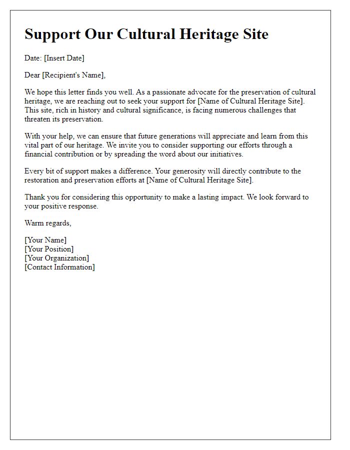 Letter template of cultural heritage site support solicitation